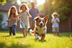 Chien australien shepherd jouant avec famille en extérieur
