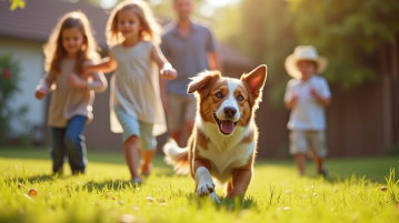 Chien australien shepherd jouant avec famille en extérieur