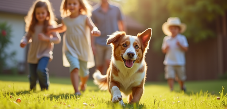 Chien australien shepherd jouant avec famille en extérieur