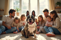 Bulldog français souriant dans un salon familial chaleureux