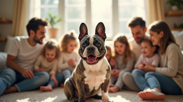 Bulldog français souriant dans un salon familial chaleureux
