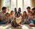 Bulldog français souriant dans un salon familial chaleureux