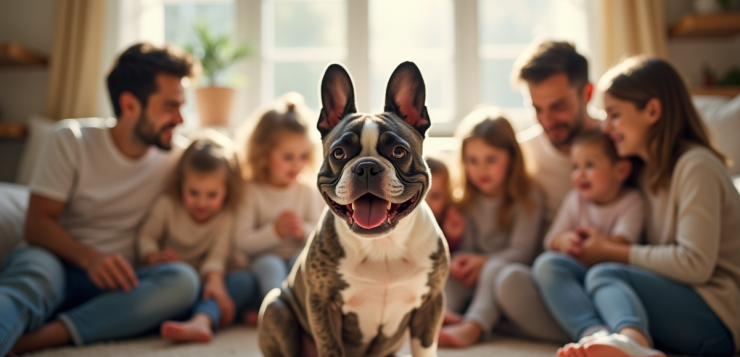 Bulldog français souriant dans un salon familial chaleureux