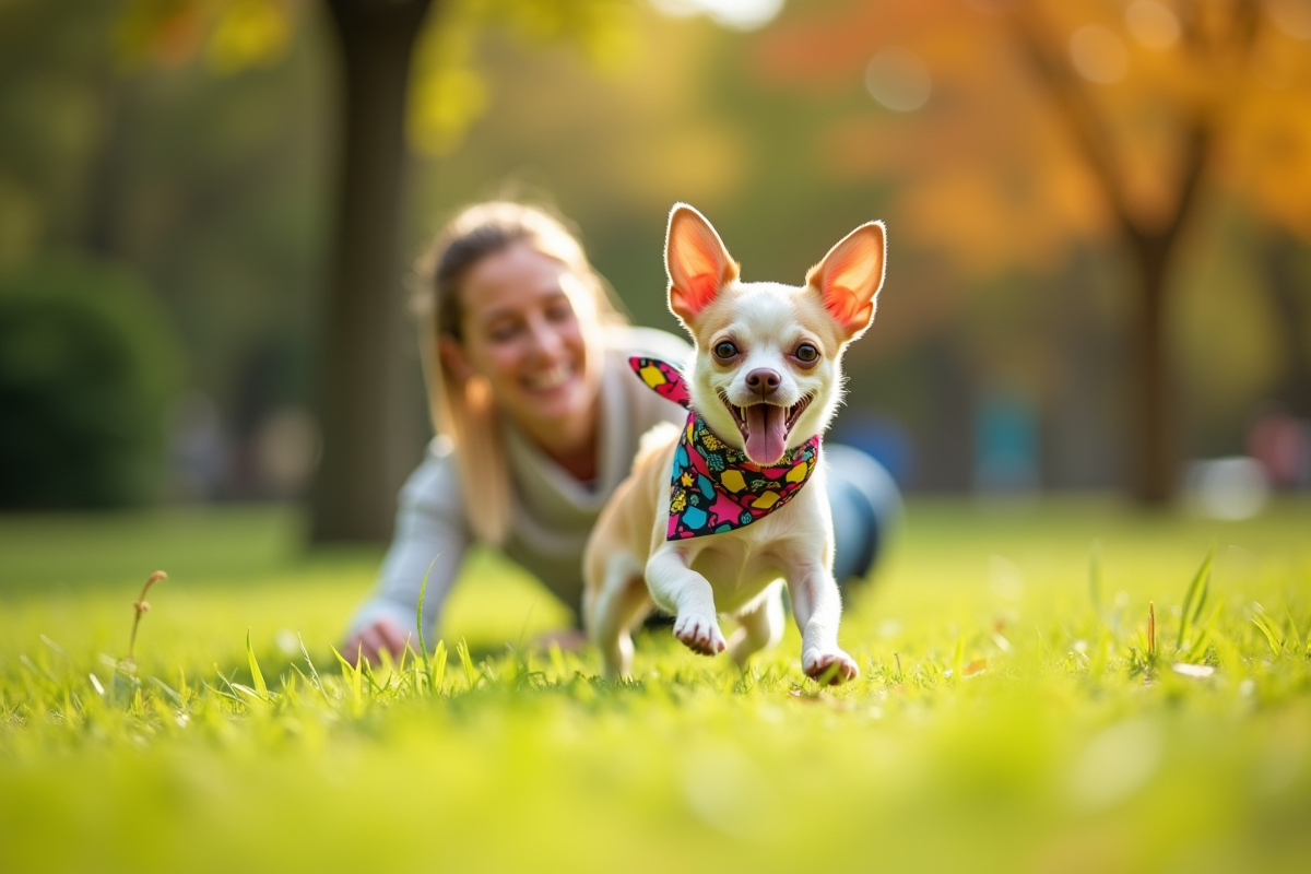 Chihuahua joyeux avec bandeau coloré jouant dans un parc ensoleille