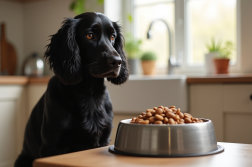 Cocker spaniel noir sain près d'une gamelle de nourriture équilibrée