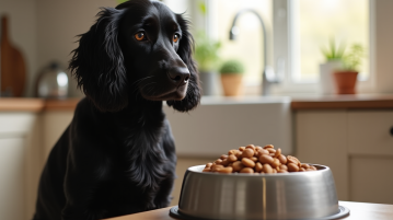 Cocker spaniel noir sain près d'une gamelle de nourriture équilibrée