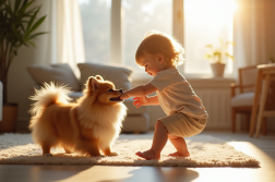 Chien German Spitz jouant avec un enfant dans un salon lumineux