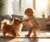 Chien German Spitz jouant avec un enfant dans un salon lumineux