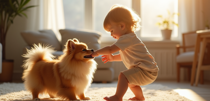Chien German Spitz jouant avec un enfant dans un salon lumineux