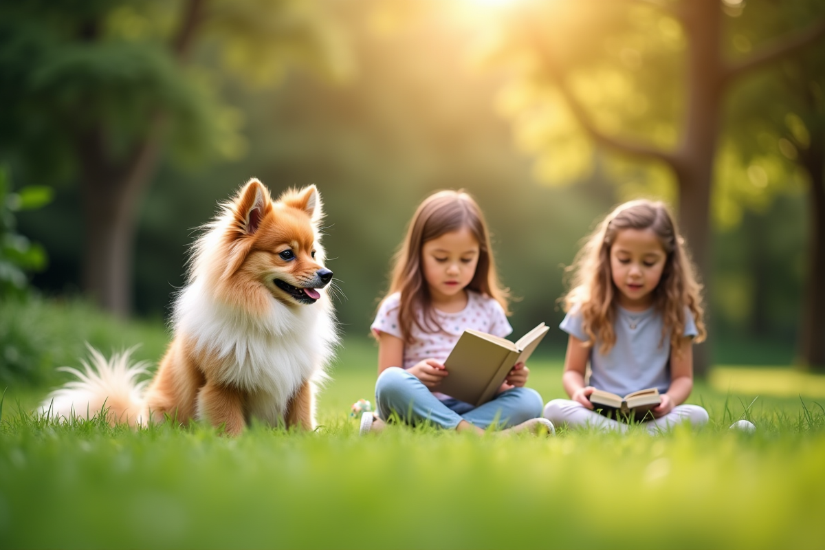 Chien German Spitz assis avec deux enfants lisant dans un jardin