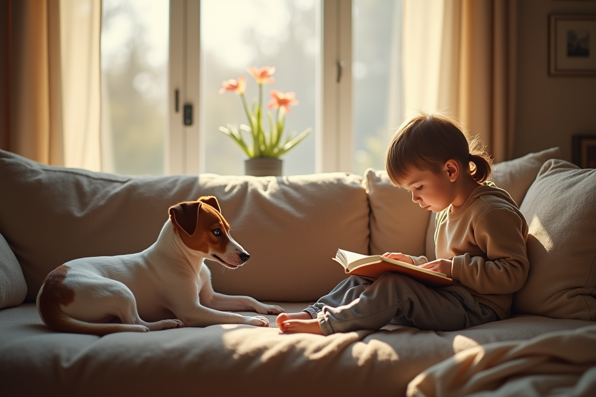 Chien Jack Russell au salon avec un enfant lisant un livre