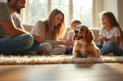 Chiot cocker spaniel souriant dans un salon ensoleille