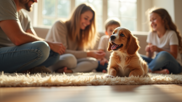 Chiot cocker spaniel souriant dans un salon ensoleille