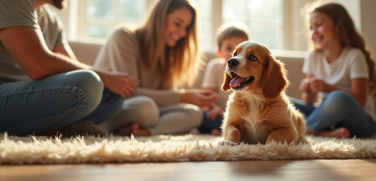 Chiot cocker spaniel souriant dans un salon ensoleille