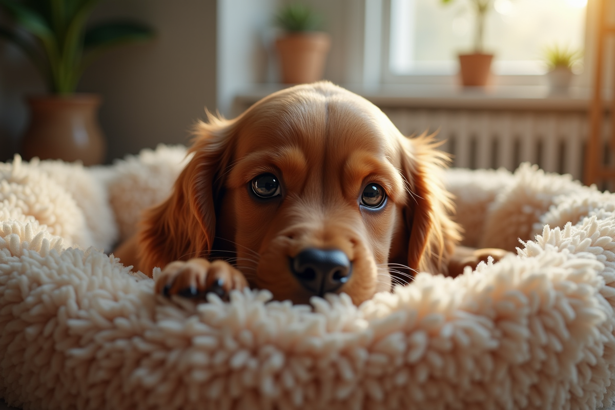 Chiot dans un panier douillet en cuisine moderne