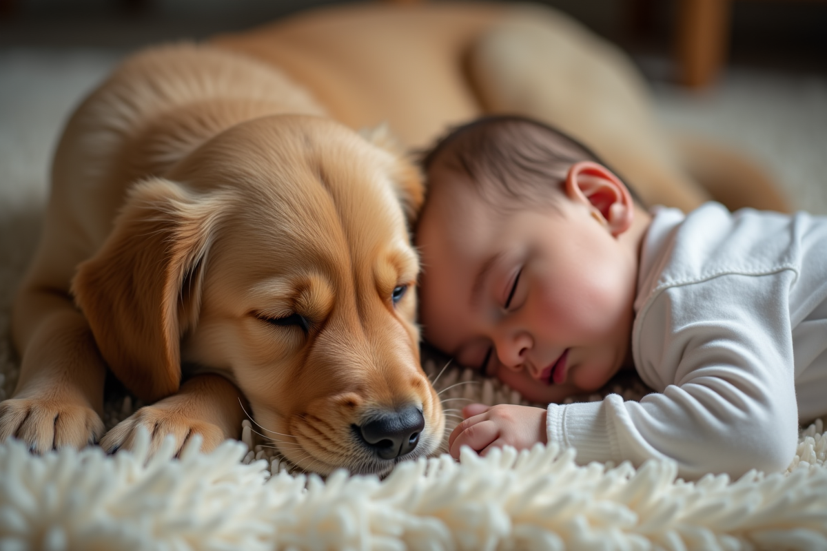 Chiot golden retriever dormant près d