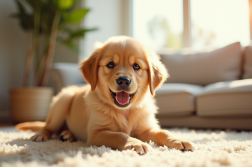Chiot golden retriever jouant avec un bébé dans un salon lumineux