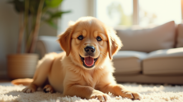 Chiot golden retriever jouant avec un bébé dans un salon lumineux
