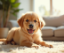 Chiot golden retriever jouant avec un bébé dans un salon lumineux
