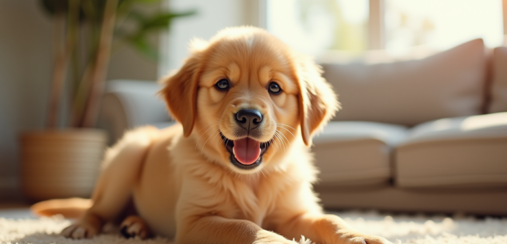 Chiot golden retriever jouant avec un bébé dans un salon lumineux