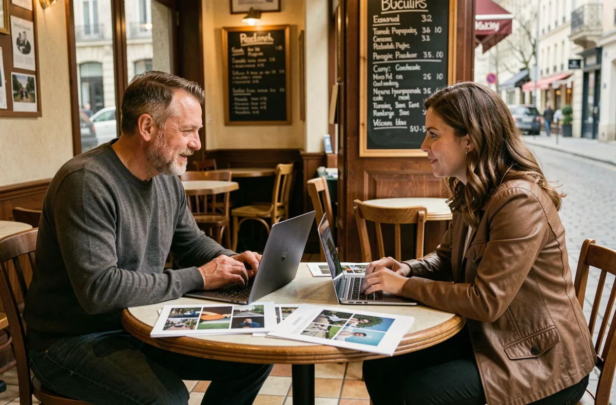 Client et photographe discutant d'un budget photo dans un café à Creil