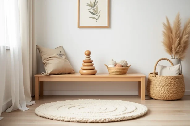 Coin d'éveil Montessori pour bébé de 1 an avec étagère basse en bois et jouets naturels sur tapis en laine