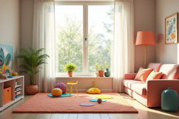 Coin de jeux sensoriels coloré dans un salon moderne