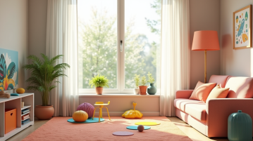 Coin de jeux sensoriels coloré dans un salon moderne