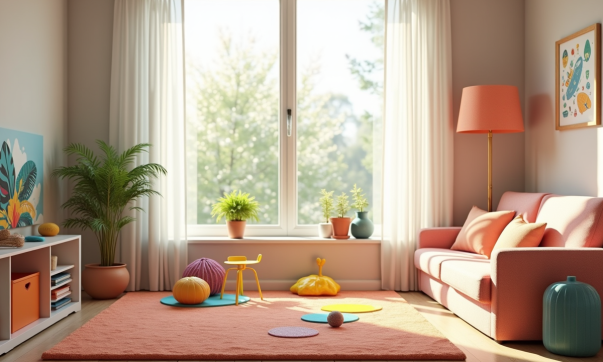 Coin de jeux sensoriels coloré dans un salon moderne