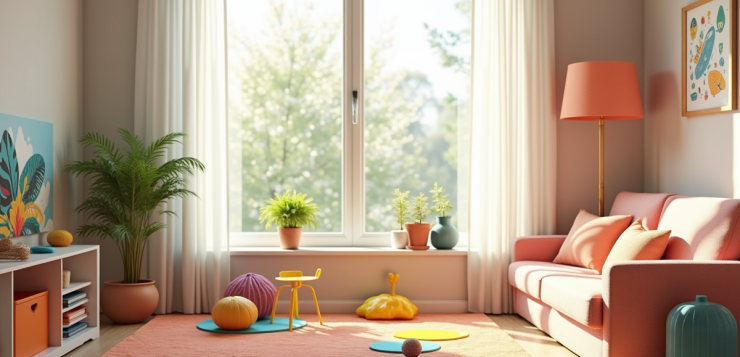 Coin de jeux sensoriels coloré dans un salon moderne