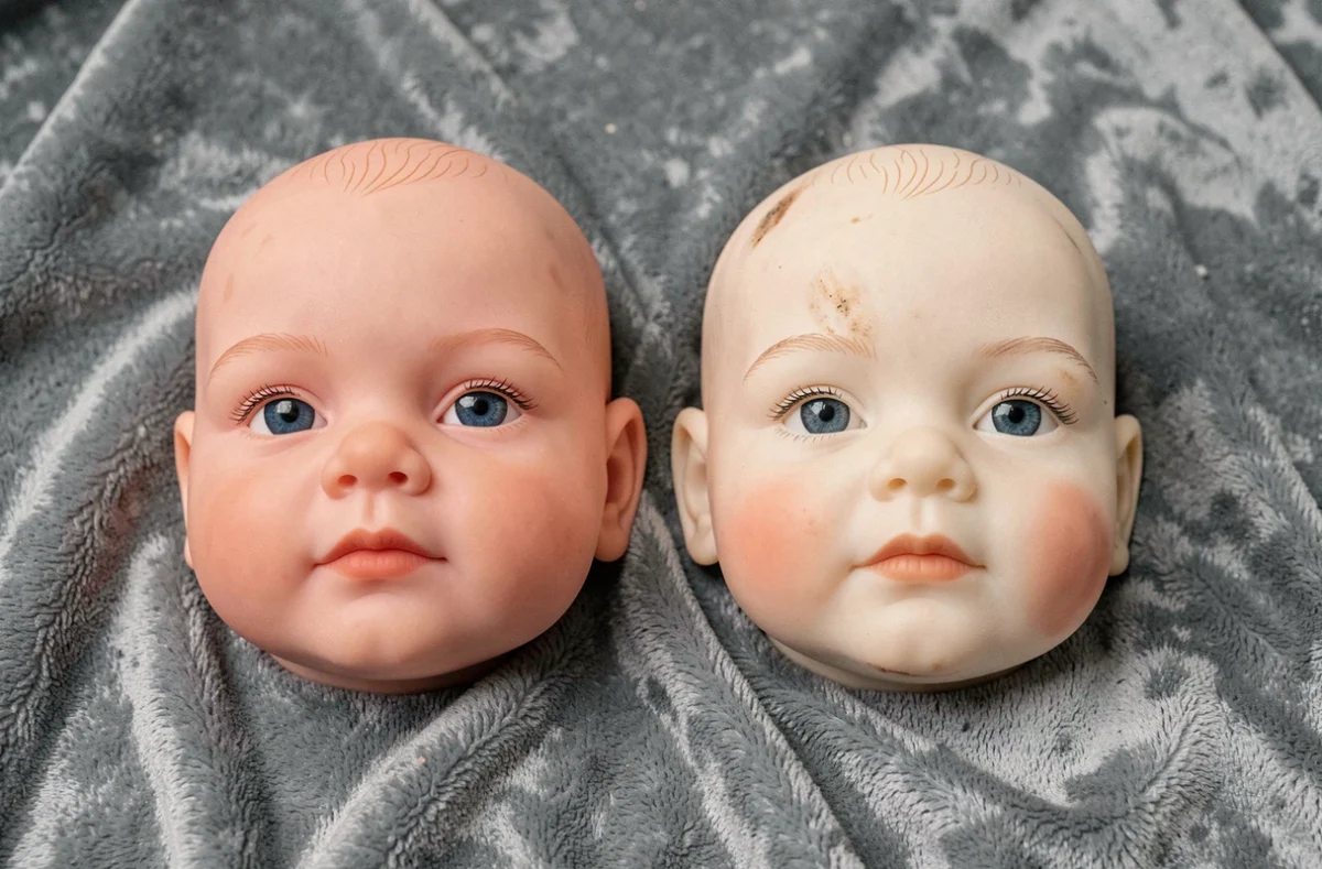 Comparaison de deux bébés rebornes en silicone d'occasion côte à côte, l'un en bon état et l'autre montrant des signes d'usure