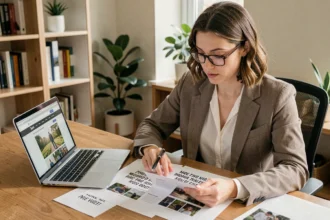 Femme comparant des devis de photographes à Villejuif sur son bureau à domicile