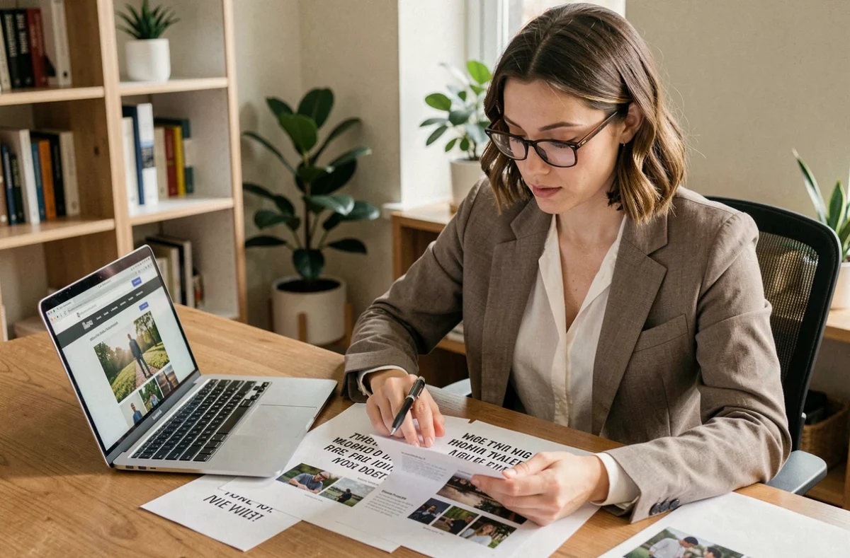 Femme comparant des devis de photographes à Villejuif sur son bureau à domicile