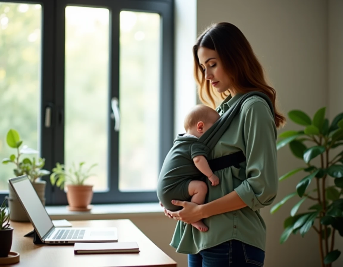 Mère en congé maternité portant son bébé en écharpe tout en travaillant depuis son bureau à domicile, illustrant l'équilibre entre allaitement prolongé et vie professionnelle