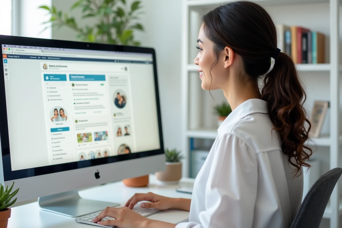 Jeune femme se connectant à son compte personnel Famileo sur un ordinateur de bureau pour créer une gazette familiale