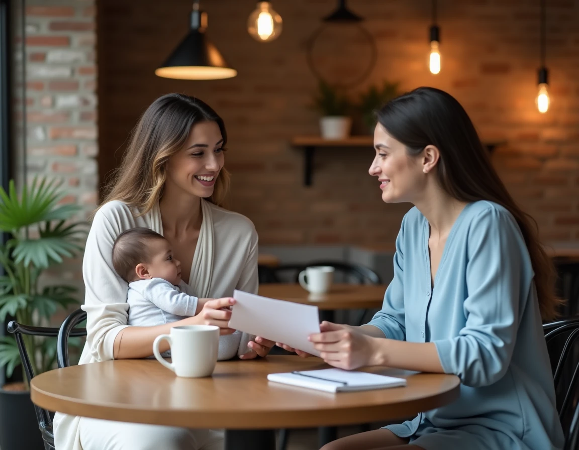 Nouvelle mère et consultante en lactation discutant des stratégies pour prolonger le congé maternité autour d'un café, bébé sur les genoux