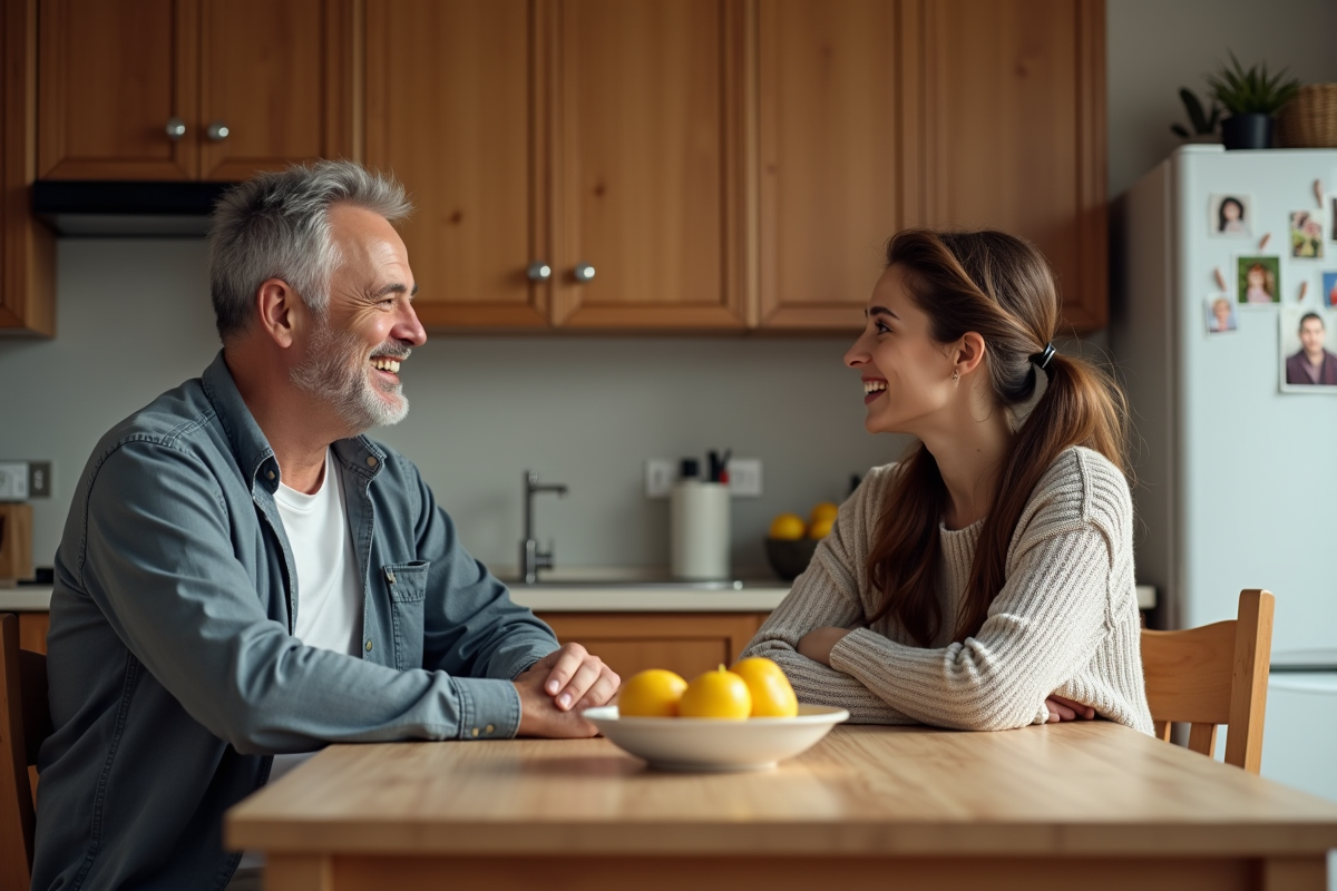 Homme d'âge moyen et jeune femme discutent à la cuisine