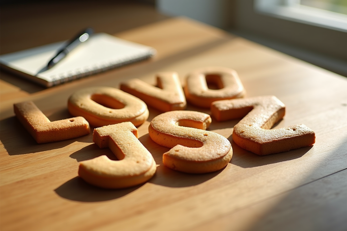Cookies en forme de J avec noms sur une table en bois ensoleillee