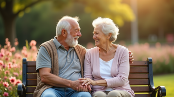 Couple d'anciens souriant main dans la main dans un parc