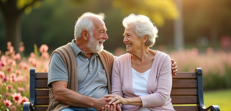 Couple d'anciens souriant main dans la main dans un parc