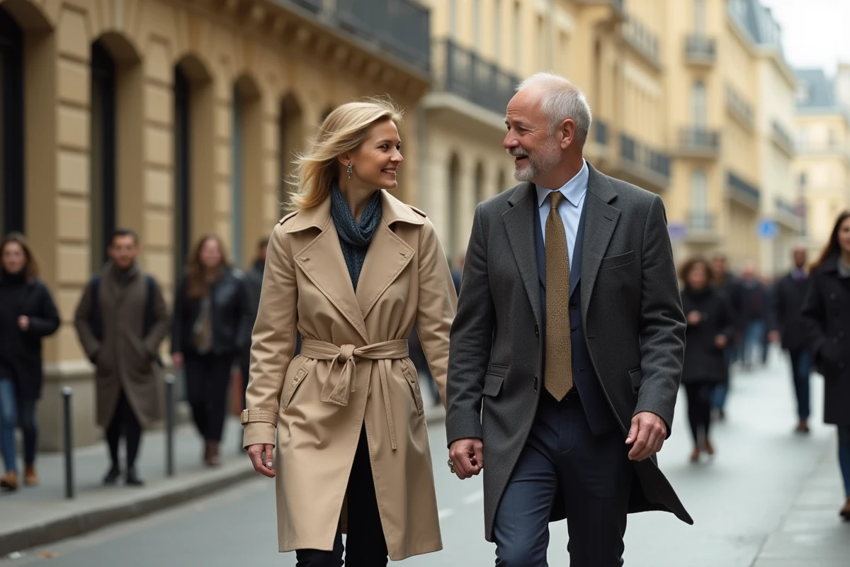 Couple élégant marchant sur un boulevard parisien haussmannien, capturé en style reportage pour illustrer une vie publique partagée