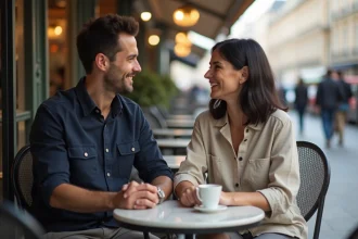 Couple complice attablé en terrasse de café parisien, ambiance naturelle et décontractée