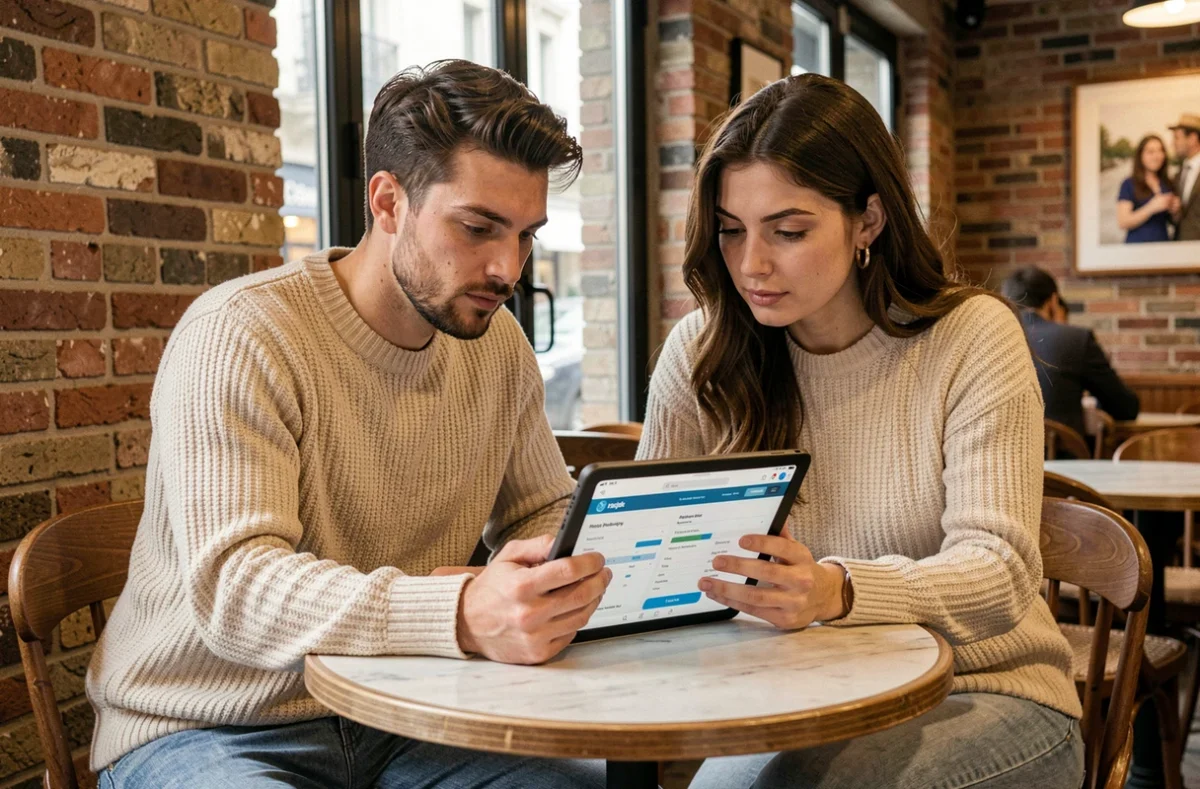 Couple consultant des offres de photographes locaux sur une tablette dans un café