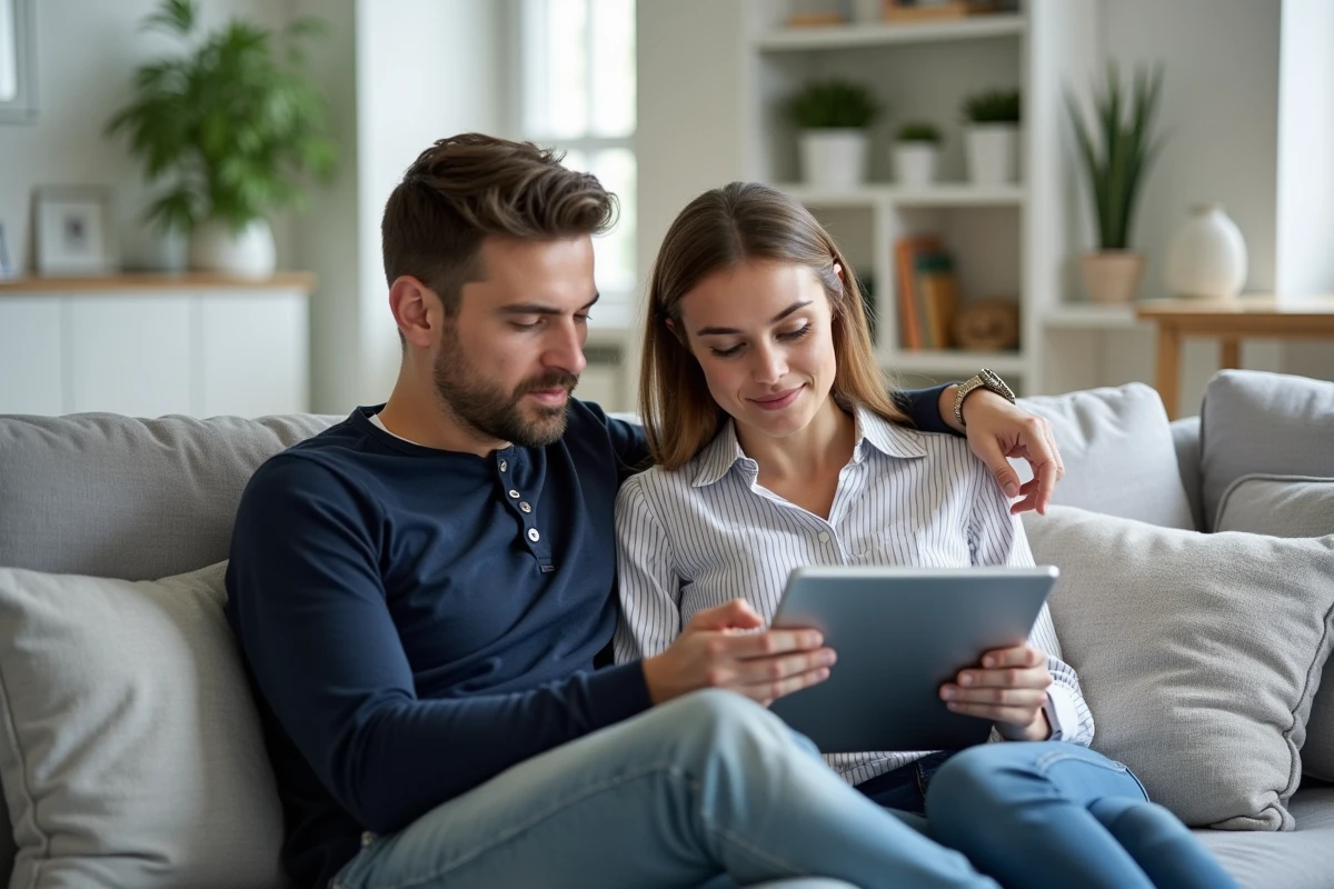 Couple de futurs parents consultant ensemble une liste de prénoms sur une tablette dans un salon moderne