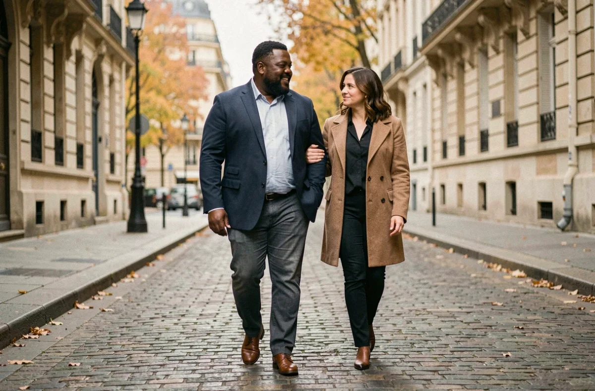 Couple se promenant discrètement dans les rues de Paris, illustrant la vie privée préservée d'une personnalité publique