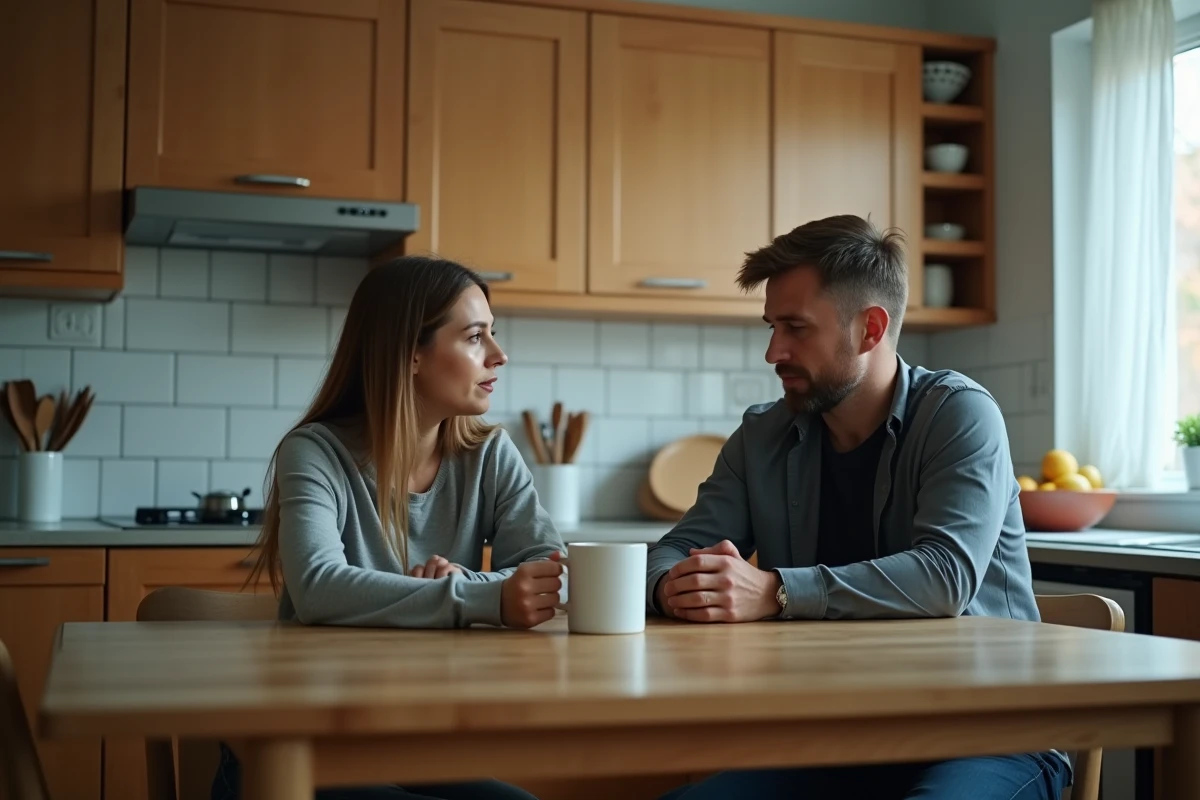 Couple en tension à la table de cuisine, silence et distance émotionnelle dans un intérieur domestique