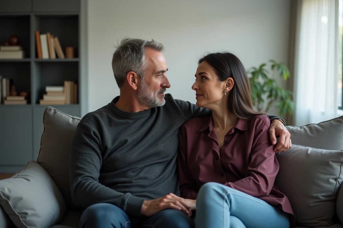 Couple en crise assis à distance sur un canapé dans un appartement moderne, illustrant la tension relationnelle et le questionnement sur la fidélité dans le couple