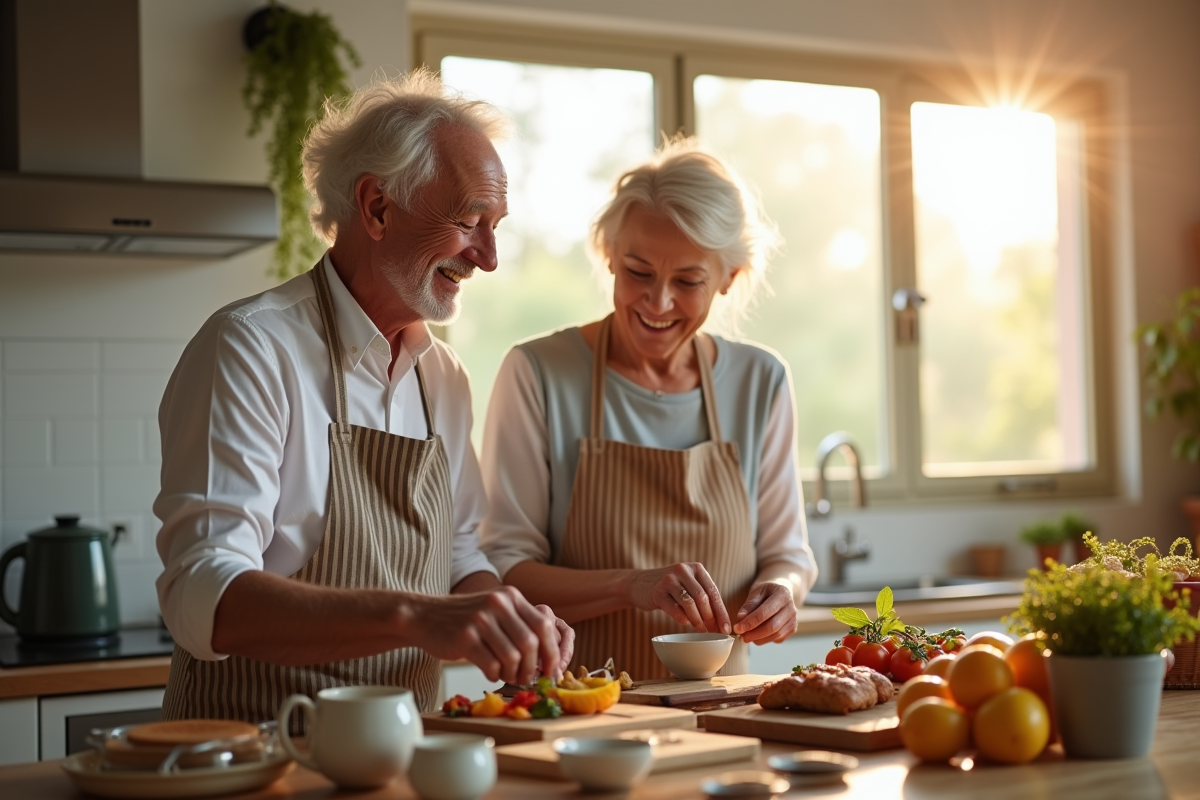 Couple senior cuisinant ensemble dans une cuisine lumineuse