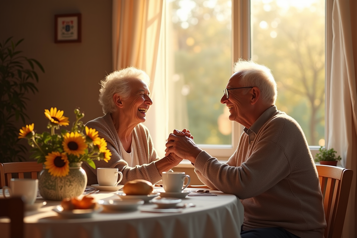 Couple de seniors riant lors d'un petit déjeuner chaleureux