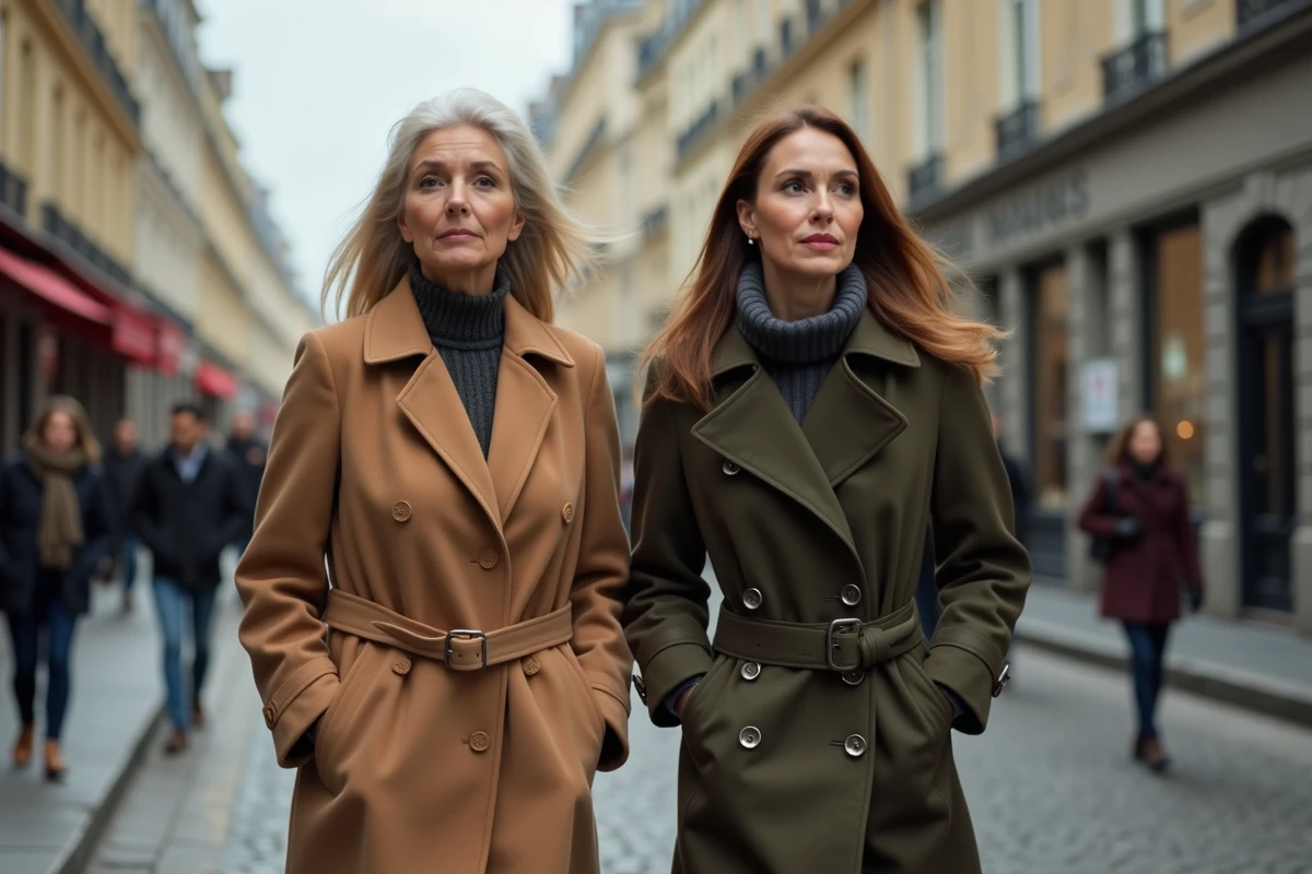 Deux femmes élégantes marchant dans une rue parisienne pavée, ambiance éditoriale authentique